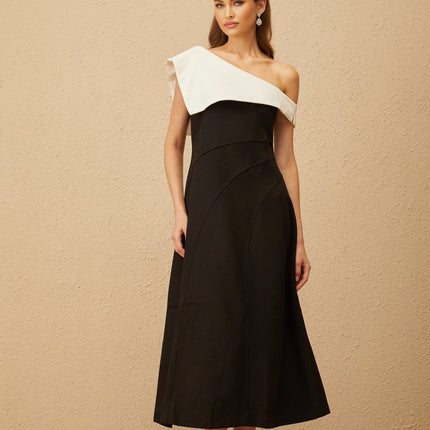 Marina Black Color Block One-Shoulder Midi Dress with Lapels and Rear Zip Fastening