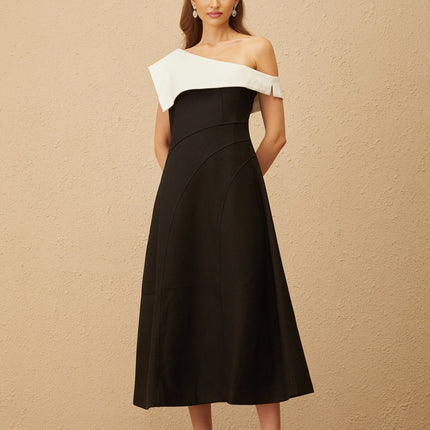 Marina Black Color Block One-Shoulder Midi Dress with Lapels and Rear Zip Fastening
