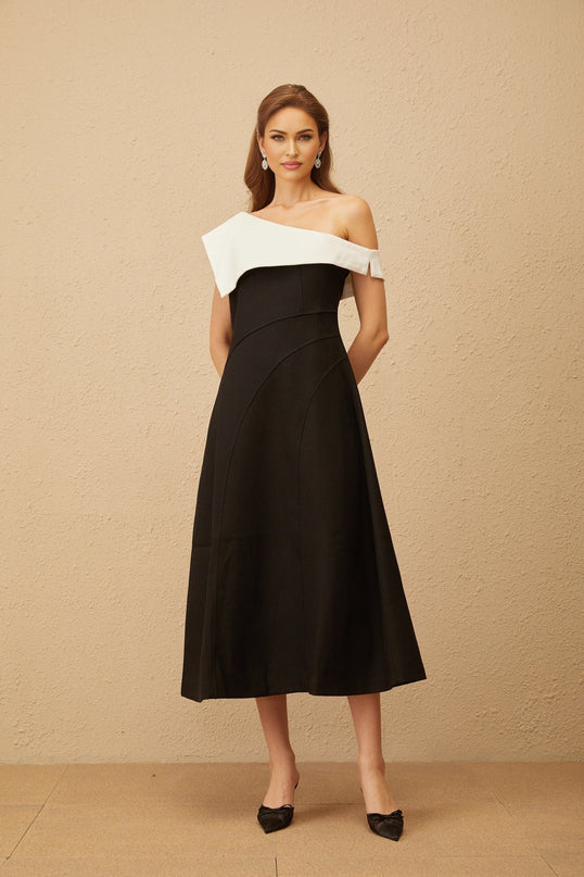 Marina Black Color Block One-Shoulder Midi Dress with Lapels and Rear Zip Fastening