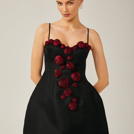 Marina Black Floral Applique Bustier Mini Dress