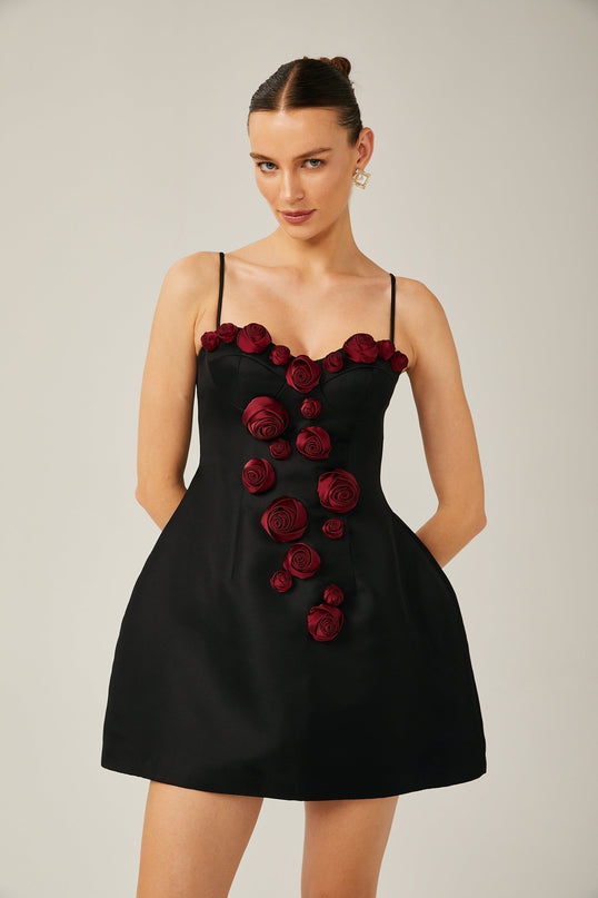 Marina Black Floral Applique Bustier Mini Dress
