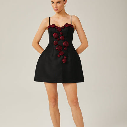 Marina Black Floral Applique Bustier Mini Dress