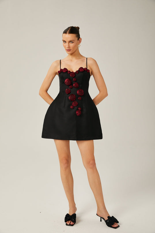 Marina Black Floral Applique Bustier Mini Dress