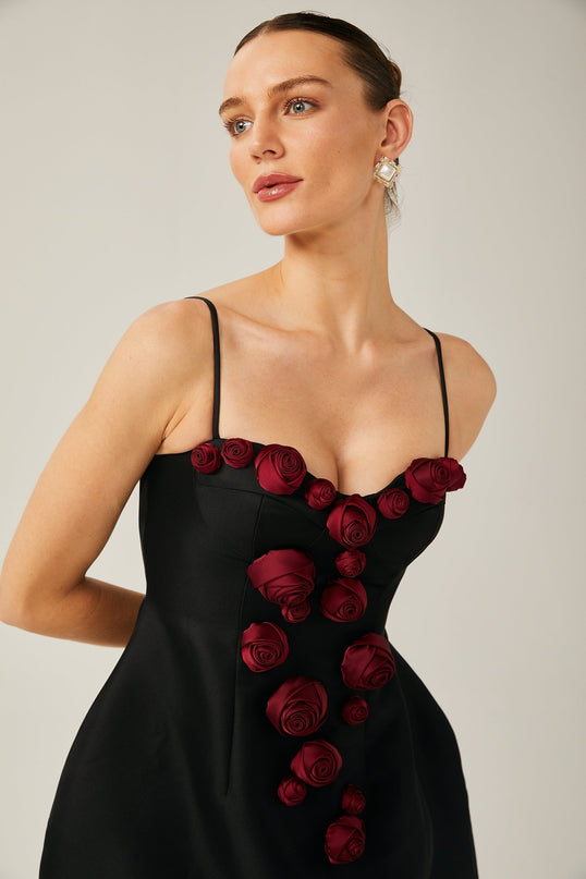 Marina Black Floral Applique Bustier Mini Dress
