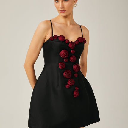 Marina Black Floral Applique Bustier Mini Dress