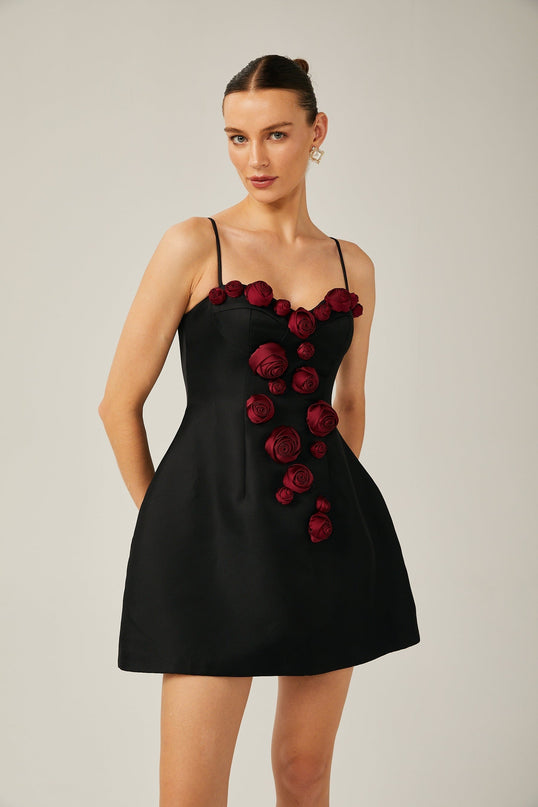 Marina Black Floral Applique Bustier Mini Dress