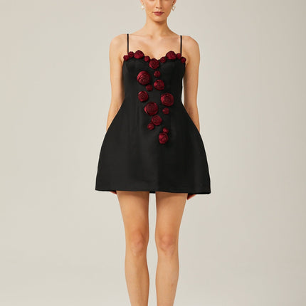 Marina Black Floral Applique Bustier Mini Dress