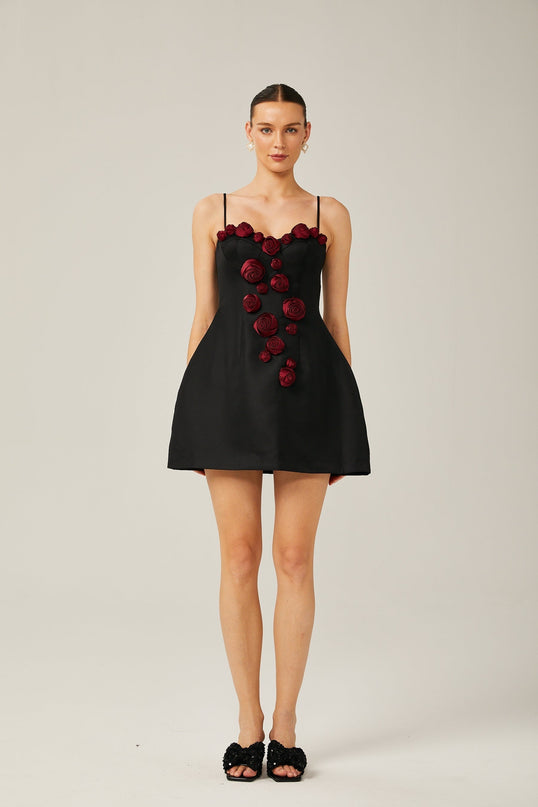 Marina Black Floral Applique Bustier Mini Dress