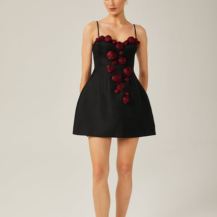 Marina Black Floral Applique Bustier Mini Dress