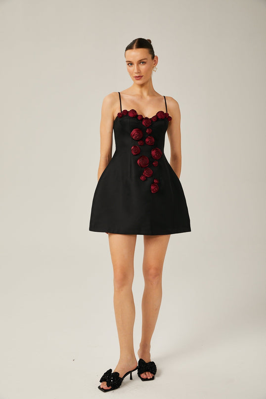 Marina Black Floral Applique Bustier Mini Dress