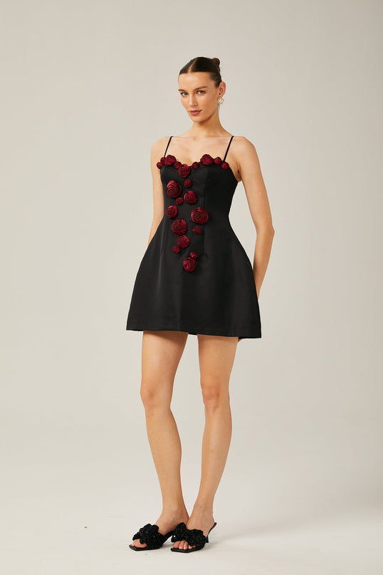 Marina Black Floral Applique Bustier Style Mini Dress