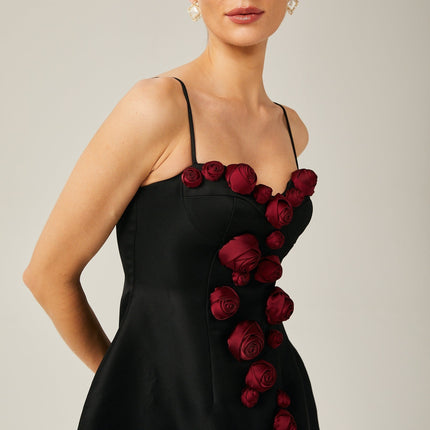 Marina Black Floral Applique Bustier Style Mini Dress