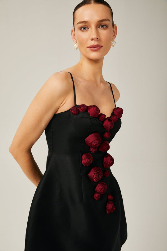 Marina Black Floral Applique Bustier Style Mini Dress