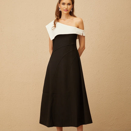 Marina Black and White Color Block One-Shoulder Midi Dress with Lapels and Zip Fastening