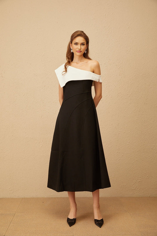 Marina Black and White Color Block One-Shoulder Midi Dress with Lapels and Zip Fastening