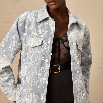 Marina Blue Denim Jacket Floral Sequin Applique Lace Trim Flower Motif