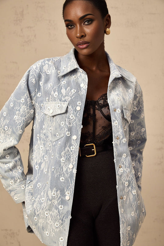 Marina Blue Denim Jacket Floral Sequin Applique Lace Trim Flower Motif