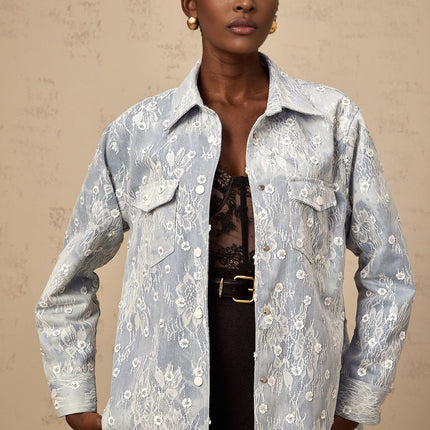 Marina Blue White Denim Jacket Floral Sequin Applique Lace Trim Sequin Embellishments Flower Motif Classic Collar Long Sleeves Buttoned Cuffs Chest Flap Pockets Front Button Fastening Casual Chic High Fashion Allure Statement Piece Unparalleled Sophistication Luxury