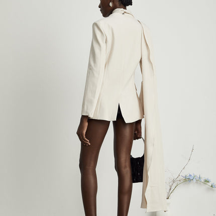 Marina Classic Jacket Neutrals 100% Cotton Scarf Detailing Draped Design Straight Hem Concealed Button Fastening