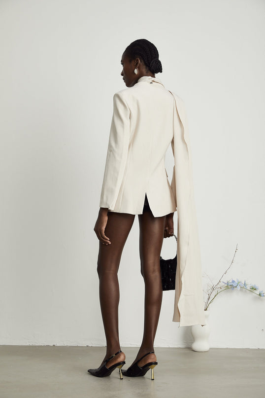 Marina Classic Jacket Neutrals 100% Cotton Scarf Detailing Draped Design Straight Hem Concealed Button Fastening