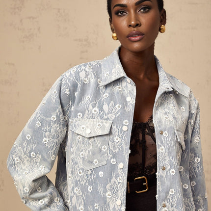 Marina Blue and White Denim Jacket Floral Sequin Applique