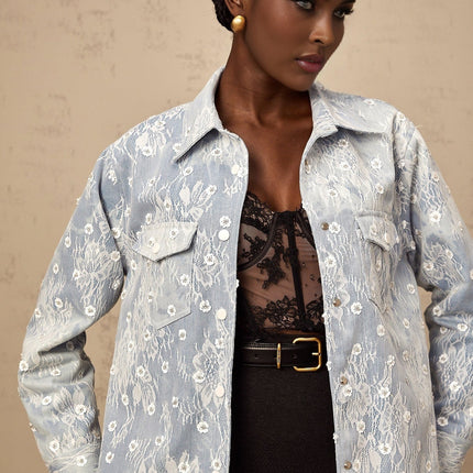 Marina Denim Jacket Floral Sequin Applique Blue White Lace Trim Flower Motif Cotton Buttoned Cuffs Chest Flap Pockets