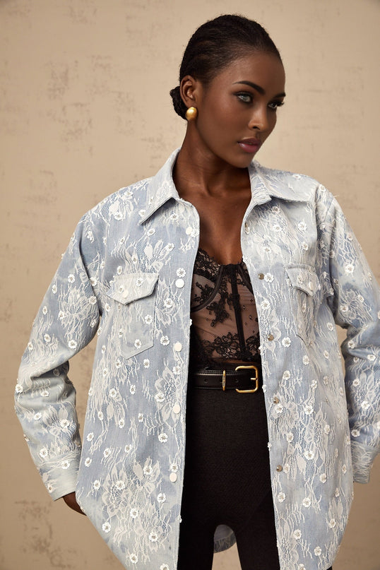 Marina Denim Jacket Floral Sequin Applique Blue White Lace Trim Flower Motif Cotton Buttoned Cuffs Chest Flap Pockets