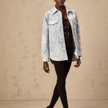 Marina Denim Jacket Floral Sequin Applique Blue White Lace Trim Flower Motif