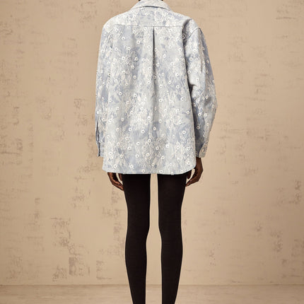 Marina Denim Jacket Floral Sequin Applique Blue White Lace Trim Flower Motif