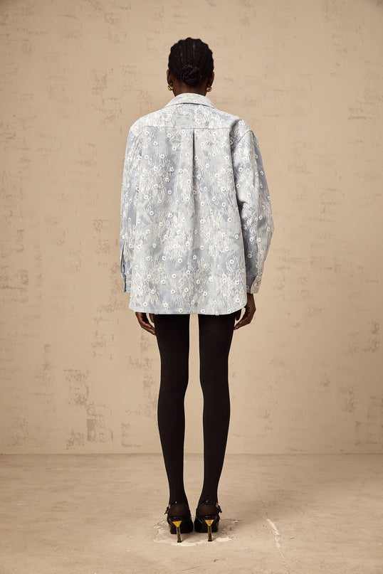 Marina Denim Jacket Floral Sequin Applique Blue White Lace Trim Flower Motif