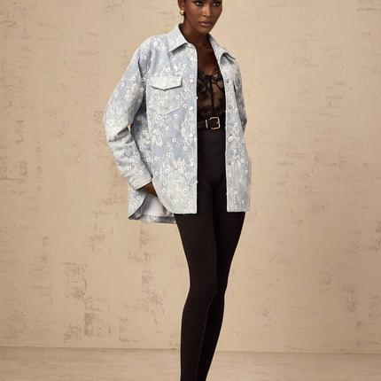 Marina Denim Jacket Floral Sequin Applique Blue White Lace Trim Flower Motif