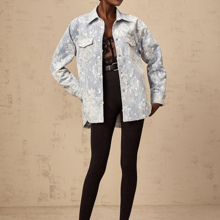 Marina Denim Jacket Floral Sequin Applique Blue White Lace Trim Flower Motif Cotton Button Fastening Long Sleeve Chest Flap Pockets