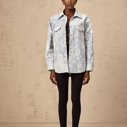 Marina Denim Jacket Floral Sequin Applique Blue White Lace Trim Flower Motif Button Fastening