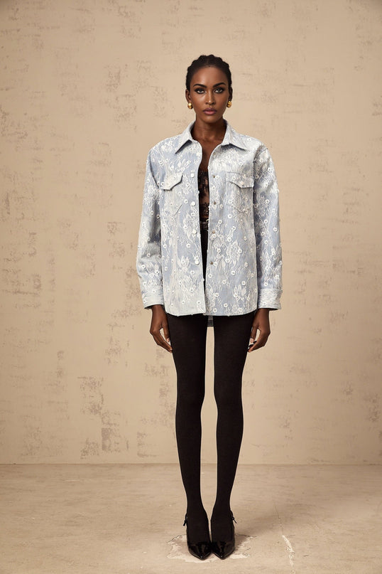 Marina Denim Jacket Floral Sequin Applique Blue White Lace Trim Flower Motif Button Fastening