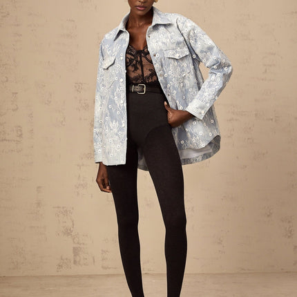 Marina Denim Jacket Floral Sequin Applique Blue White Lace Trim Flower Motif Button Fastening