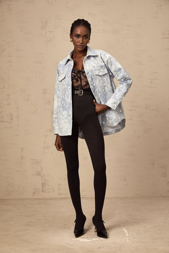 Marina Denim Jacket Floral Sequin Applique Blue White Lace Trim Flower Motif Button Fastening