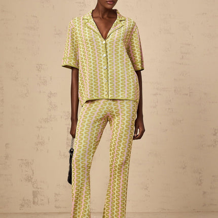Marina Green and Pink Knit Set Shirt Trousers Block Design