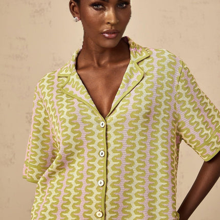 Marina Green Pink Knit Set Shirt Trousers