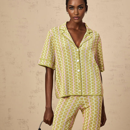 Marina Green Pink Knit Set Shirt Trousers