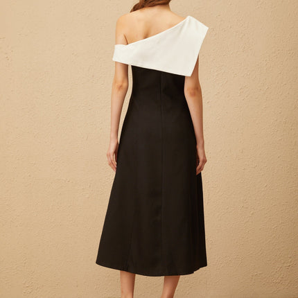 Marina Black Color Block One-Shoulder Midi Dress with Lapels and Rear Zip Fastening
