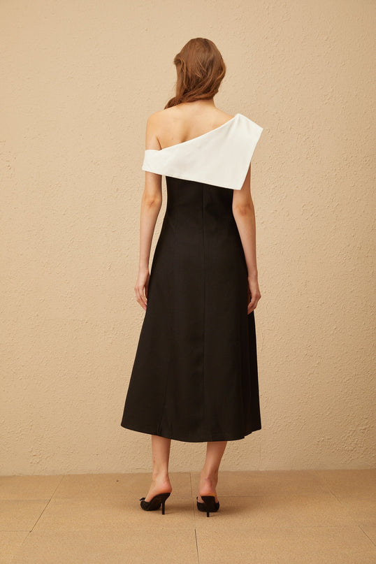 Marina Black Color Block One-Shoulder Midi Dress with Lapels and Rear Zip Fastening