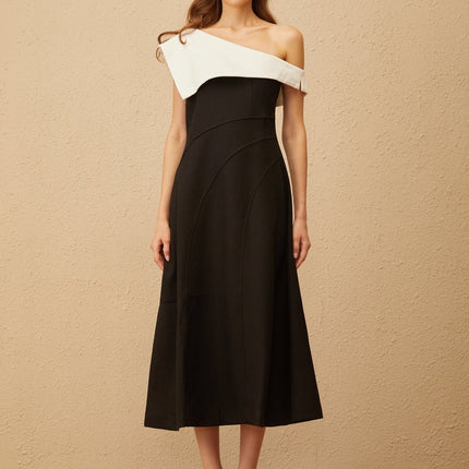 Marina Black Color Block One Shoulder Midi Dress with Lapels and Zip Fastening
