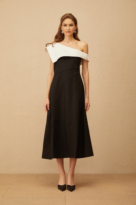 Marina Black Color Block One Shoulder Midi Dress with Lapels and Zip Fastening