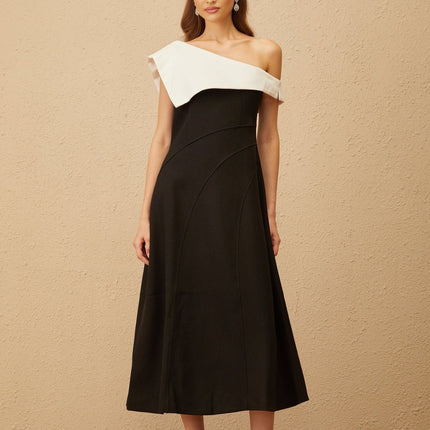 Marina Black Color Block One Shoulder Midi Dress with Lapels and Zip Fastening
