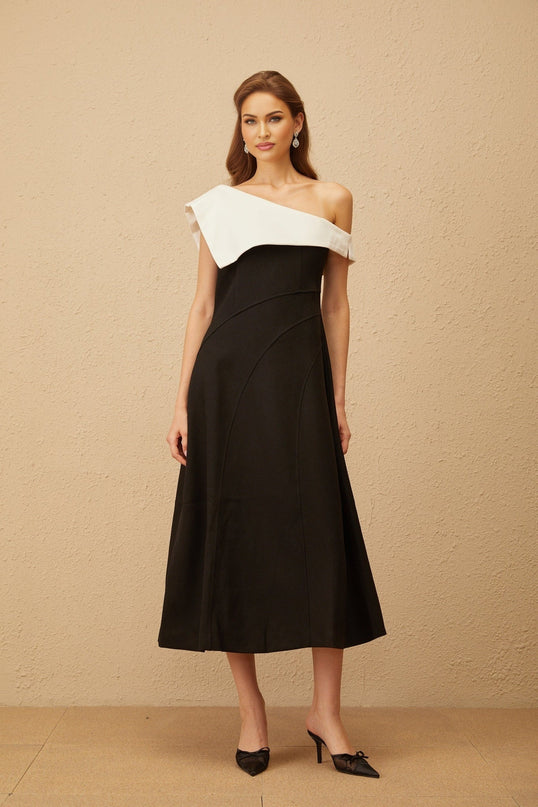 Marina Black Color Block One Shoulder Midi Dress with Lapels and Zip Fastening