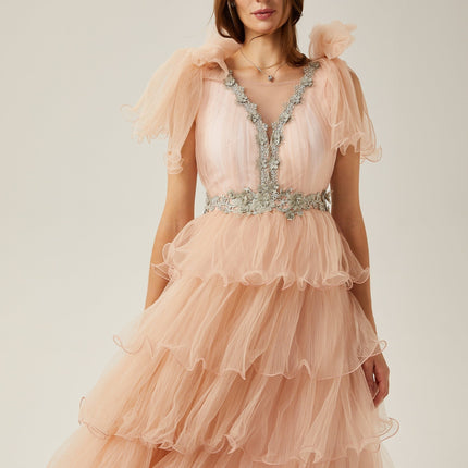 Marina Pink Crystal Embellished Tiered Ruffled V-neck Sleeveless Midi Dress