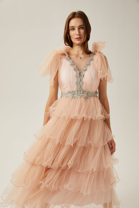 Marina Pink Crystal Embellished Tiered Ruffled V-neck Sleeveless Midi Dress