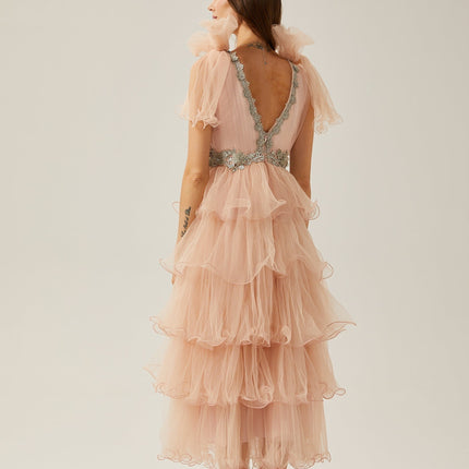 Marina Pink Crystal Embellished Tiered Ruffled Midi Dress