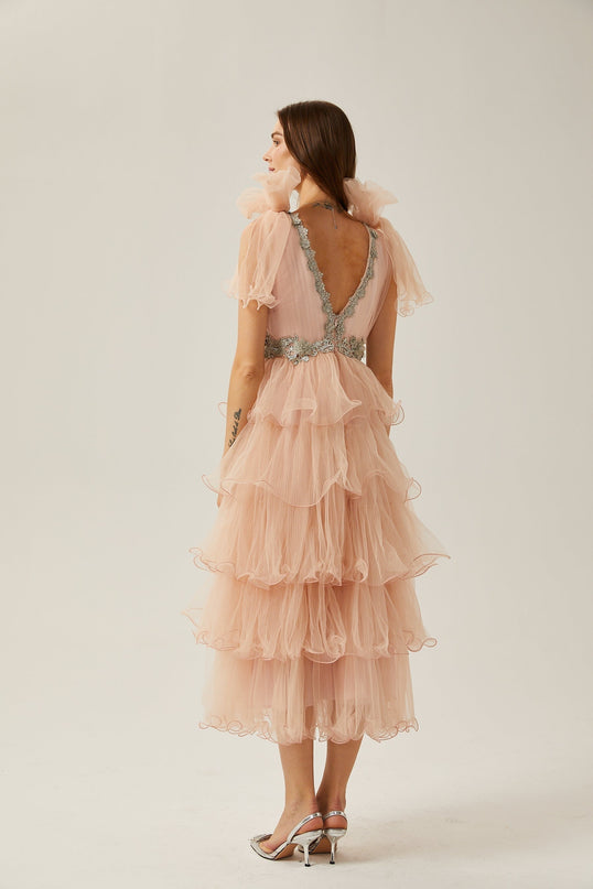 Marina Pink Crystal Embellished Tiered Ruffled Midi Dress