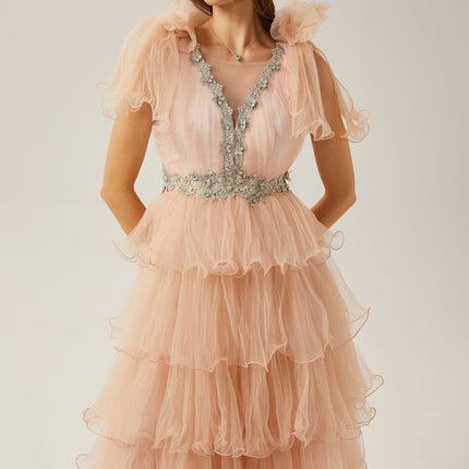 Marina Pink Crystal Embellished Tiered Ruffled V-neck Sleeveless Midi Dress